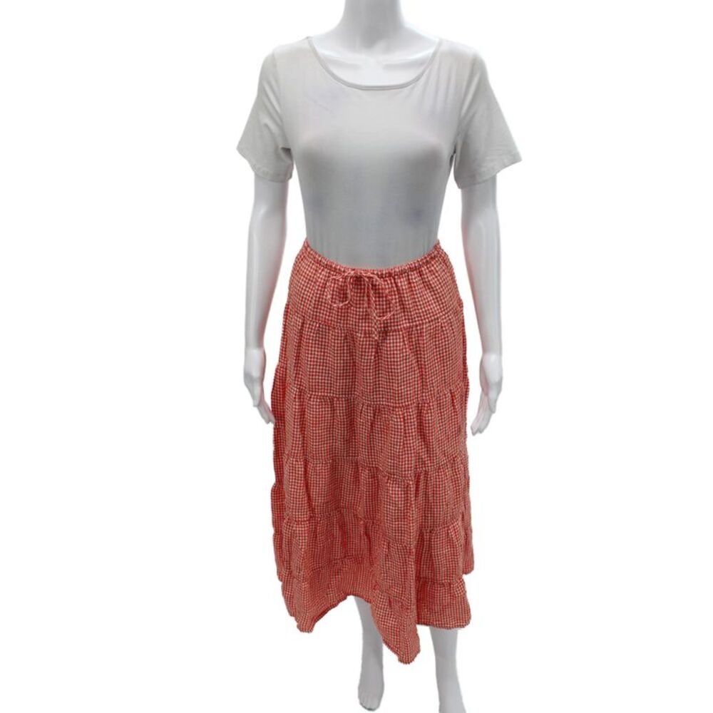 Wilfred Aritzia Women Peasant Linen Gingham Midi Skirt Drawstring Red Size XS